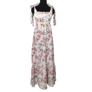 House of Harlow 1960 Smocked Maxi Sun Dress Linen Blend Tiered Floral Womens XS